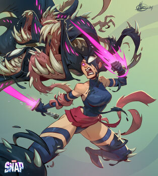 1girl artist_name black_bodysuit blue_leotard bodysuit breasts butterfly_cutout butterfly_ornament corruption dynamic_pose elbow_gloves energy_blade gloves halter_leotard halterneck heterochromia highleg highleg_leotard highres holding holding_sword holding_weapon leotard living_clothes logo long_tongue marvel marvel_snap nicola_saviori official_art parasite psylocke purple_eyes purple_hair purple_leotard red_lips red_sash sash sharp_teeth short_hair signature slime_(creature) solo spider-man_(series) superhero_costume sword symbiote teeth tongue tongue_out very_long_tongue waist_sash weapon white_eyes x-men