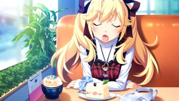 1girl black_ribbon blonde_hair blue_scrunchie blush booth_seating cake chair closed_eyes cup day dress elbow_rest eyeliner facing_viewer fang food game_cg grisaia_(series) grisaia_no_meikyuu hair_ribbon heart heart_necklace indoors jewelry large_variant_set long_hair long_sleeves makeup menu necklace non-web_source on_chair open_mouth plaid_clothes plaid_dress plant plate red_dress red_eyeliner restaurant ribbon scrunchie shirt sitting sleeveless sleeveless_dress sleeves_past_wrists solo strawberry_cake table tea teacup teapot tongue tongue_out turtleneck turtleneck_shirt twintails variant_set watanabe_akio white_shirt wind wrist_scrunchie
