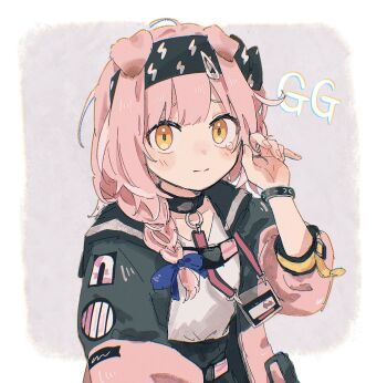 1girl animal_ears arknights black_bow black_collar black_halo black_jacket blue_bow blush bow braid cat_ears cat_girl closed_mouth collar commentary_request goldenglow_(arknights) grey_background hair_bow hair_ornament hairclip halo hand_up highres id_card infection_monitor_(arknights) iwana_oishi jacket lanyard lightning_bolt_print long_hair looking_at_viewer multicolored_jacket pink_hair pink_jacket raised_inner_eyebrows shirt side_braid solo tearing_up two-tone_jacket white_shirt yellow_eyes