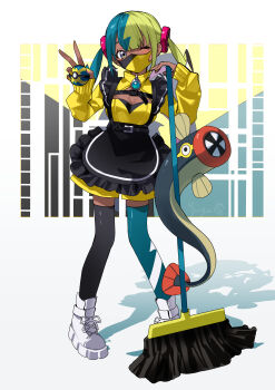 1girl absurdres alternate_costume apron aqua_hair black_apron black_mask black_thighhighs blonde_hair blue_thighhighs blush boots breasts broom canari_(pokemon) cleavage_cutout clothing_cutout dark-skinned_female dark_skin eel eelektrik enmaided fangs frills gen_5_pokemon grey_eyes highres holding holding_broom long_sleeves looking_at_viewer maid mask medium_breasts mega_stone mismatched_thighhighs mouth_mask multicolored_hair myuga66666 nintendo one_eye_closed open_mouth poke_ball pokemon pokemon_(creature) pokemon_legends:_z-a quick_ball romper sharp_teeth short_twintails split-color_hair teeth thighhighs twintails two-tone_hair two-tone_mask v white_boots yellow_mask yellow_romper