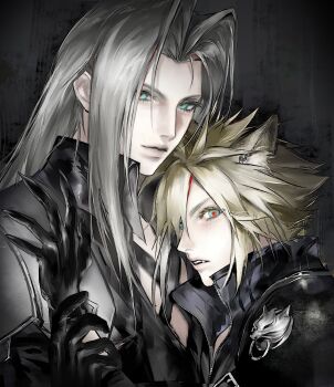 Rule 34 | 2boys, 3 3lecho, absurdres, animal earrings, animal ears, aqua eyes, armor, black coat, black gloves, black vest, blonde hair, chest strap, claws, closed mouth, cloud strife, coat, commentary, fangs, fenrir (final fantasy), final fantasy, final fantasy vii, final fantasy vii: advent children, gloves, grey hair, hair between eyes, highres, holding another's wrist, kemonomimi mode, long hair, looking at viewer, male focus, multiple boys, parted bangs, parted lips, pauldrons, popped collar, red pupils, sephiroth, short hair, shoulder armor, single pauldron, spiked hair, symbol-only commentary, upper body, vest, wolf boy, wolf ears, yaoi