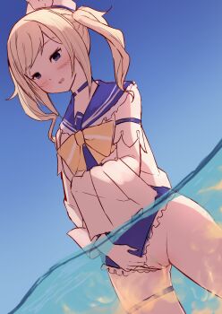 1girl absurdres bad_id bad_pixiv_id barbara_(genshin_impact) barbara_(summertime_sparkle)_(genshin_impact) blonde_hair blue_eyes cleft_of_venus clothing_aside ekitai_chisso female_pubic_hair genshin_impact highres ocean partially_submerged pee peeing peeing_underwater pubic_hair pussy solo standing swimsuit swimsuit_aside teeth thighhighs thighs uncensored upper_teeth_only water white_thighhighs