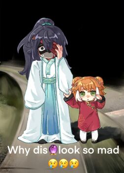 Rule 34 | 1boy, 1girl, black hair, chinese clothes, chinese commentary, coat, commentary request, crying, double bun, dress, family hierarch candidate (identity) (project moon), green eyes, hair bun, hand up, hanfu, high ponytail, highres, hong lu (project moon), ishmael (project moon), limbus company, long sleeves, meme, multicolored hair, orange hair, ponytail, project moon, red dress, streaked hair, tears, white coat, white hanfu, white streaks, why dis ninja look so mad (meme), wiping tears, xiaoguaiwujint2