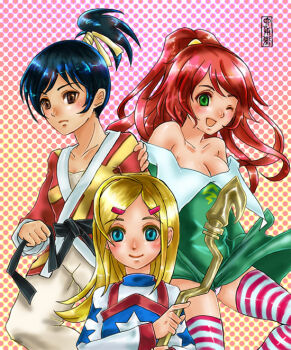 3girls adjusting_clothes bare_shoulders belt black_belt black_hair blonde_hair blue_eyes blush breasts brown_eyes cleavage collarbone cyclone_(dc) dc_comics dotted_background dougi expressionless female_focus green_eyes hair_ornament hairclip hand_on_another&#039;s_shoulder happy high_ponytail japanese_clothes judo_master justice_society_of_america karate_gi legs long_hair looking_at_viewer martial_arts_belt multiple_girls neck one_eye_closed orange_hair panties pink_panties ponytail shirt smile staff stargirl striped_legwear superhero_costume thighhighs two-tone_stripes underwear wink