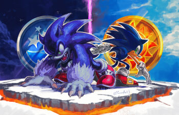 2boys absurdres all_fours alternate_form blue_sky commentary crescent crescent_moon english_commentary fangs furry furry_male green_eyes highres kornart looking_back male_focus medallion moon moon_medal_(sonic) multiple_boys night night_sky revision sega sky smile sonic_(series) sonic_the_hedgehog sonic_the_werehog sonic_unleashed split_theme sun_medal_(sonic) sun_symbol
