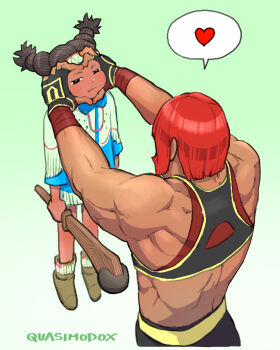 2girls :i back back_muscles biceps blush carrying carrying_person club_(weapon) completely_unamused dark-skinned_female dark_skin deltoids hand_wraps hanging_legs heart heart_hands highres holding holding_club holding_weapon impossible_hair lifting_person lily_hawk marisa_(street_fighter) median_furrow moccasins multiple_girls muscular muscular_female native_american native_american_clothes pogamoggan quasimodox red_hair size_difference spoken_heart sports_bra street_fighter street_fighter_6 tall_female triceps unamused v-bangs weapon