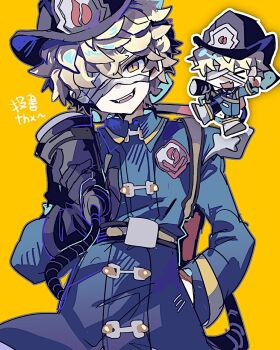 1boy black_gloves blonde_hair blue_coat chibi coat cowboy_shot curly_hair english_text fangs firefighter florian_brand gloves grin hat head_tilt highres holding holding_weapon identity_v looking_at_viewer male_focus mdr_31 single_glove slit_pupils smile translation_request tsurime weapon yellow_background yellow_eyes