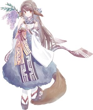 1girl ainu_clothes alternate_costume animal_ears braid brown_eyes brown_hair chinese_commentary commentary_request detached_sleeves flower full_body hair_ornament highres holding japanese_clothes long_hair looking_at_viewer plant rulutieh simple_background solo tail twin_braids utawarerumono very_long_hair white_background wushi_tu