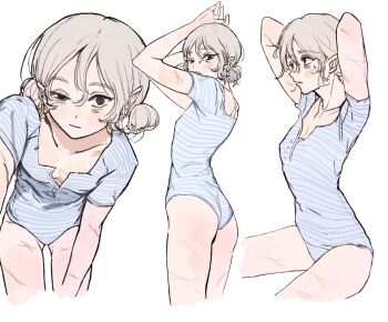 1girl androgynous bags_under_eyes black_eyes blush double_bun dungeon_meshi elf genderswap genderswap_(mtf) grey_hair hair_bun highres lazy_eye leotard looking_at_viewer mchi125 mithrun multiple_scars multiple_views notched_ear pointy_ears scar short_hair short_sleeves simple_background solo_focus striped_clothes striped_leotard sweatdrop uneven_eyes white_background
