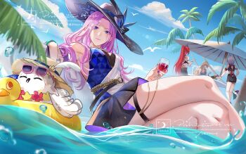 beach beach_umbrella bird black_bra black_hat black_shorts blonde_hair blue_dress blue_eyes blue_sky bra breasts chinese_commentary cloud commentary_request cup dress duck_innertube hat highres holding holding_cup honkai:_star_rail honkai_(series) innertube jade_(honkai:_star_rail) large_breasts long_hair looking_at_viewer moyu_moyo obsidian_(honkai:_star_rail) owl owlbert_(honkai:_star_rail) pearl_(honkai:_star_rail) pink_hair purple_nails red_hair seagull short_hair shorts sky swim_ring topaz_(honkai:_star_rail) umbrella underwear very_long_hair white_hair
