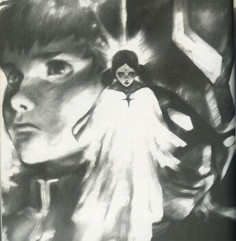 1980s_(style) 1girl 2boys age_difference amuro_ray bindi char_aznable dress earth_federation eye_mask glowing graphite_(medium) gundam helmet lalah_sune mask military military_uniform mobile_suit_gundam monochrome multiple_boys official_art oldschool portrait realistic retro_artstyle scan science_fiction serious tears terada_katsuya traditional_media tunic upper_body zeon