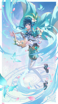 1boy absurdres androgynous aqinorz argyle_clothes argyle_pantyhose beret blue_hair braid cape capelet chinese_commentary collared_cape commentary_request flower genshin_impact gradient_hair green_cape green_capelet green_eyes green_hat green_shorts hair_ornament hat hat_flower highres instrument long_sleeves looking_at_viewer lyre male_focus multicolored_hair open_mouth shirt short_hair_with_long_locks shorts side_braids smile solo twin_braids venti_(genshin_impact) white_flower white_shirt