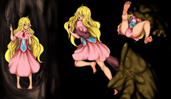 1girl barefoot black_background blonde_hair cookin defeat dress fairy_tail feet frog helpless long_hair mavis_vermilion peril pink_dress predator_and_prey scared sequential soles toes vore