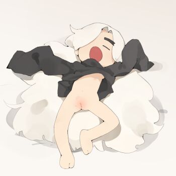 1girl black_shirt bottomless cleft_of_venus clitoral_hood closed_eyes eastward female_focus flat_chest loli long_hair long_sleeves lying naked_shirt navel nipples on_back open_mouth oversized_clothes oversized_shirt pussy sam_(eastward) shirt solo uncensored very_long_hair white_background white_hair youjo_modoki