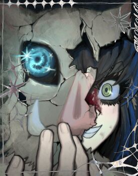 1boy black_hair black_sclera blood blue_eyes colored_sclera cracked_kawaii_mask edo_(edy18_s2) green_eyes grin hand_up hashibira_inosuke highres kimetsu_no_yaiba long_hair pig_mask portrait smile solo teeth tusks