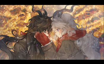 2boys abstract_background animal_ears arknights black_hair black_jacket black_necktie blush brown_jacket closed_eyes commentary ebenholz_(arknights) goat_boy goat_ears goat_horns hands_on_another&#039;s_cheeks hands_on_another&#039;s_face horns jacket kreide_(arknights) leaning_forward letterboxed long_hair long_sleeves looking_at_viewer male_focus multiple_boys necktie orange_background ponytail purple_eyes red_scarf scarf smile tomamo09 white_hair yaoi