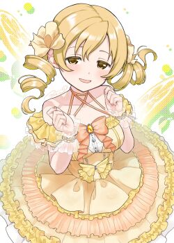 1girl asukaru_(magika_ru) bare_shoulders blonde_hair blush bow bowtie breasts collarbone commentary_request cowboy_shot dress drill_hair frilled_dress frills hair_ribbon halter_dress halterneck hands_up highres large_breasts long_hair looking_at_viewer mahou_shoujo_madoka_magica mahou_shoujo_madoka_magica_(anime) off-shoulder_dress off_shoulder open_mouth orange_bow orange_bowtie ribbon short_sleeves signature smile solo tomoe_mami twin_drills white_background wrist_cuffs yellow_dress yellow_eyes yellow_ribbon