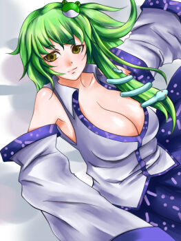 Rule 34 | 1girl, breasts, female focus, gradient background, green hair, japanese clothes, kochiya sanae, large breasts, long hair, miko, rugu, skirt, solo, touhou