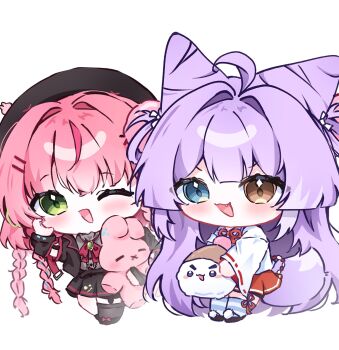 2girls ahoge beanie beret black_hat black_jacket blue_eyes blush bow bowtie brooch brown_eyes chibi chibi_only commentary_request cone_hair_bun creature double_bun furisode_sleeves green_eyes grey_shirt hair_bun hair_intakes hair_ornament hair_rings hairclip hanako_nana hand_on_own_cheek hand_on_own_face hand_up hat heterochromia highres holding holding_stuffed_toy immunumi inari_(tenko_shibuki) jacket jewelry korean_commentary kosode long_hair long_sleeves multiple_girls one_eye_closed open_clothes open_jacket open_mouth parallel_hairclips peto_(hanako_nana) pink_hair pom_pom_(clothes) pom_pom_beanie pom_pom_hair_ornament purple_hair red_bow red_bowtie red_skirt shirt simple_background skirt smile stellive striped_clothes striped_thighhighs stuffed_animal stuffed_rabbit stuffed_toy tenko_shibuki thighhighs very_long_hair virtual_youtuber white_background white_jacket