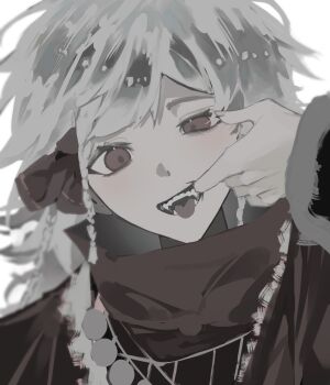 1girl :d fangs finger_in_own_mouth hand_up highres medium_hair open_mouth portrait red_eyes red_scarf reverse:1999 rubuska scarf smile solo teeth tongue tongue_out uneven_eyes white_background white_hair wilson_(wilson1151487)