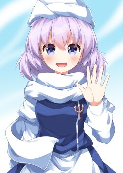 1girl :d apron blue_background blue_eyes blue_skirt blue_vest blush commentary_request completion_time hand_up hat highres lapel_pin letty_whiterock long_sleeves looking_at_viewer open_mouth purple_hair ruu_(tksymkw) scarf shirt short_hair skirt skirt_set smile solo touhou upper_body vest waist_apron waving white_apron white_hat white_scarf white_shirt