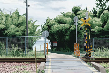 beach boom_barrier channel_(caststation) cloud cloudy_sky commentary day grass highres letter no_humans ocean original outdoors path plant power_lines railroad_crossing railroad_tracks road scenery security_camera sign sky utility_pole