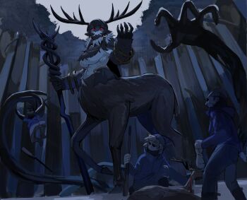 1girl 3boys animal_ears antlers black_cloak black_hair breasts centauroid chest_fur claws cloak commentary_request dead_animal deer deer_antlers deer_ears deer_girl earrings forest from_below full_body fur-trimmed_cloak fur_trim giant giantess hassuyu_ni highres holding holding_staff hoop_earrings hooves horns jewelry large_breasts long_hair looking_at_viewer monster_girl multiple_boys nature original outdoors red_eyes solo staff standing taur umbrakinesis