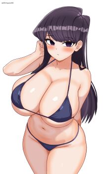 1girl absurdres arm_behind_back bare_arms bikini black_bikini blush breasts cleavage collarbone commentary_request eclyart expressionless highres komi-san_wa_komyushou_desu komi_shouko large_breasts long_hair looking_at_viewer navel purple_eyes purple_hair simple_background skindentation solo standing swimsuit thighs white_background