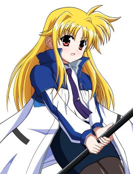 1girl black_pantyhose blonde_hair blue_skirt coat collared_shirt commentary_request cowboy_shot fate_testarossa hair_intakes highres holding long_sidelocks lyrical_nanoha mahou_shoujo_lyrical_nanoha_exceeds:_gun_blaze_vengeance multicolored_coat necktie open_clothes open_coat open_mouth pantyhose parted_bangs pencil_skirt purple_necktie red_eyes shirt sidelocks simple_background skirt solo tie_clip two-tone_coat upper_body white_background white_coat white_shirt yamanobeya