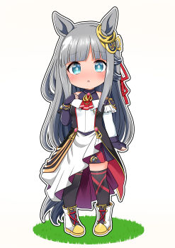 1girl absurdres animal_ears blue_eyes blunt_bangs blush breasts chrono_genesis_(prismatic_curator)_(umamusume) chrono_genesis_(umamusume) commentary_request detached_sleeves fingerless_gloves full_armor_narumi full_body gloves grass grey_hair hair_between_eyes hair_ornament highres horse_ears horse_girl looking_at_viewer open_mouth small_breasts solo standing thighhighs umamusume white_background