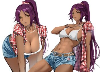 absurdres belt bikini bikini_top_only bleach bracelet breasts collarbone cosplay dark-skinned_female dark_skin hair_ornament highres jeans_shorts jewelry kwon_eun-bi kwon_eun-bi_(cosplay) large_breasts long_hair navel necklace ponytail purple_hair shihouin_yoruichi simple_background stomach swimsuit white_background yellow_eyes zion_(wjwy7242)