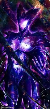 1boy abs absurdres aura awakened_garou_(cosmic_fear_mode) claws commentary cowboy_shot curled_fingers dark_aura debris english_commentary faceless faceless_male galaxy garou_(one-punch_man) hair_horns highres light_particles male_focus muscular muscular_male nebula noonvincent one-punch_man pectorals pointy_hair shoulder_spikes solo space spikes standing star_(sky) starry_skin tendril tendrils_from_back twitter_username