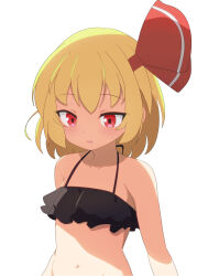 Rule 34 | 1girl, alternate costume, anime coloring, bikini, black bikini, blonde hair, cato (monocatienus), commentary request, eyes visible through hair, frilled bikini, frills, groin, hair ribbon, highres, looking down, medium hair, navel, parted lips, red eyes, red ribbon, ribbon, rumia, simple background, solo, standing, sweatdrop, swimsuit, touhou, upper body, white background