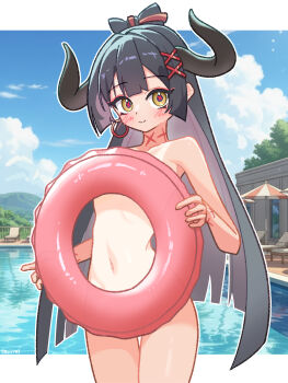 1girl black_hair character_request commentary djmax earrings hair_ornament hashtag-only_commentary highres horns innertube jewelry long_hair looking_at_viewer navel nude outdoors s9uirrel solo swim_ring symbol-only_commentary tan tanline