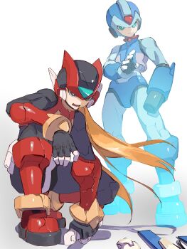 2boys absurdres arm_cannon armor black_eyes blonde_hair blue_armor blue_eyes blue_helmet forehead_jewel helmet highres holding long_hair male_focus mega_man_(series) mega_man_zero_(series) multiple_boys omochi_(mochi_skymega) red_armor red_helmet simple_background standing weapon white_background x_(mega_man) zero(z)_(mega_man) zero_(mega_man)