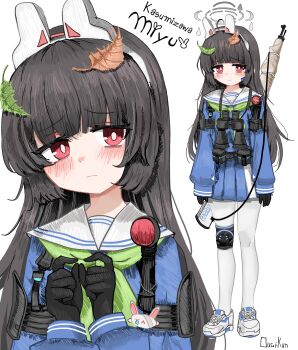 1girl absurdres ahoge animal_ears binoculars black_gloves black_hair blue_archive blue_serafuku blunt_bangs blush bolt_action character_name commentary fake_animal_ears full_body gloves green_ribbon gun halo highres hime_cut index_fingers_together knee_pads leaf leaf_on_head long_hair long_sleeves looking_at_viewer miyu_(blue_archive) mosin-nagant ougiikun pantyhose puffy_long_sleeves puffy_sleeves rabbit_ears red_eyes ribbon rifle school_uniform serafuku shoes signature simple_background single_knee_pad skirt sneakers solo weapon white_background white_pantyhose white_shoes