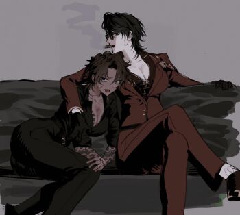 2girls arm_tattoo ass black_gloves black_hair black_pants black_shirt breasts chanil_(muexlku) cigar cleavage commentary_request couch crossed_legs dark-skinned_female dark_skin gloves heathcliff_(project_moon) highres jacket korean_commentary kurokumo_clan_(identity)_(project_moon) large_breasts limbus_company meursault_(project_moon) multiple_girls open_mouth pants project_moon red_jacket red_pants shirt sitting smoke smoking tattoo thumb_(identity)_(project_moon) wolf_cut