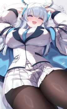 1girl :d absurdres blue_archive breasts brown_pantyhose commentary_request enoha halo headgear highres large_breasts long_hair looking_at_viewer lying mechanical_halo noa_(blue_archive) on_back open_mouth pantyhose pleated_skirt purple_eyes skirt smile solo white_hair white_halo white_skirt