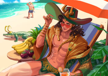 2boys arm_tattoo banana beach beach_chair beach_umbrella black_hair blonde_hair blue_male_swimwear bracelet brothers crocodile crocodilian drink eilinna food fruit gold_bracelet gold_ring green_eyes green_hat green_male_swimwear hat highres holding holding_drink horned_hat jewelry loki_(marvel) loki_(robe_of_relaxation)_(marvel) long_hair looking_at_viewer male_focus male_swimwear mango marvel marvel_rivals multiple_boys multiple_rings muscular muscular_male ocean official_alternate_costume open_clothes open_robe orange_(fruit) orange_slice parted_lips pectorals persimmon pineapple ring robe sandals siblings smile standing sun_hat sunglasses swim_briefs tattoo thor_(marvel) thor_(worthy_waves)_(marvel) topless_male tropical_drink umbrella upper_body