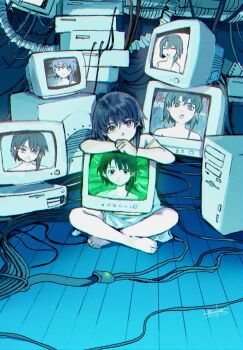 1girl 203wolves arm_rest artist_name bare_shoulders barefoot brown_eyes brown_hair cable commentary computer computer_tower crt curled_fingers dark full_body hair_ornament head_rest head_tilt holding_monitor indian_style iwakura_lain monitor nightgown on_floor serial_experiments_lain short_hair signature single_sidelock sitting solo strap_slip toes white_nightgown wooden_floor x_hair_ornament