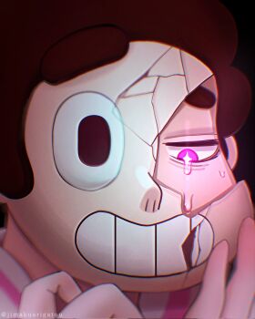 Rule 34 | 1boy, brown hair, close-up, commentary, commentary request, cracked kawaii mask, cracked mask, crying, crying with eyes open, curly hair, glowing, glowing eyes, hands on own face, highres, jacket, jimakuarigatou, letterman jacket, looking down, male focus, mask, pink eyes, pink jacket, portrait, simple background, smile, solo, star-shaped pupils, star (symbol), steven quartz universe, steven universe, symbol-shaped pupils, tears