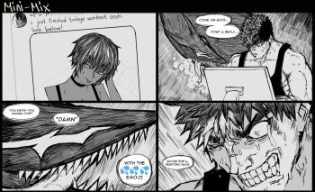 1boy 4koma beast_of_darkness_(berserk) berserk black_tank_top casca_(berserk) choker clenched_teeth comic commentary computer dark-skinned_female dark_skin english_commentary english_text fangs genc greyscale guts_(berserk) heavy_breathing male_focus miura_kentarou_(style) monitor monochrome monster short_hair sitting speech_bubble sweat tank_top teeth upper_body