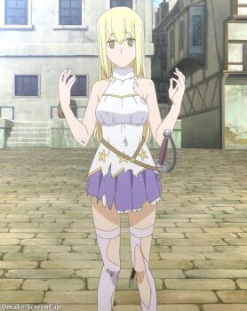 1girl aiz_wallenstein bare_shoulders blonde_hair breasts closed_mouth collarbone dress dungeon_ni_deai_wo_motomeru_no_wa_machigatteiru_darou_ka female_focus highres kneehighs large_breasts layered_skirt legs long_hair miniskirt no_bra outdoors pleated_skirt purple_skirt scabbard sexually_suggestive sheath skirt sleeveless sleeveless_dress socks solo solo_focus stitched sword sword_oratoria thighhighs thighs third-party_edit torn_clothes torn_dress torn_legwear torn_thighhighs weapon white_thighhighs yellow_eyes zettai_ryouiki