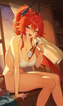 1girl :d absurdres alcohol antenna_hair bandage_on_nose bandaid bandaid_on_face bandaid_on_nose beer beer_bottle between_breasts bookshelf bottle bra breasts character_doll cleavage commander_(nikke) commentary denim doll ellen_doe fangs goddess_of_victory:_nikke hair_intakes highres holding horns indoors large_breasts long_hair looking_at_viewer mechanical_horns medium_sidelocks official_alternate_costume official_alternate_hairstyle open_mouth panties red_hair red_hood_(nikke) red_hood_(retro_days)_(nikke) sitting smile snow_white_(innocent_days)_(nikke) snow_white_(nikke) solo symbol-only_commentary thighs underwear very_long_hair white_bra white_panties yellow_eyes