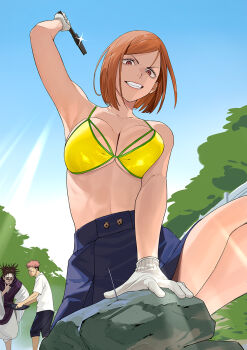 1girl 2boys a1_(initial-g) arm_up bikini bikini_top_only black_shorts black_skirt blue_sky breasts brown_hair choso_(jujutsu_kaisen) cleavage commentary_request day gloves grin highres holding holding_pliers itadori_yuji jujutsu_kaisen kugisaki_nobara large_breasts multiple_boys nail_(hardware) no_shirt outdoors pink_hair pliers rock short_hair shorts skirt sky smile solo_focus sparkle stomach swimsuit teeth thighs undercut white_gloves yellow_bikini