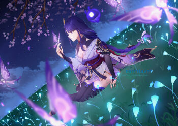1girl armor asymmetrical_sleeves bio_tiful blue_flower blue_sky blunt_bangs blurry braid branch breasts bridal_gauntlets bug butterfly butterfly_on_hand cherry_blossoms cleavage clothing_cutout cloud cloudy_sky commentary crystalfly_(genshin_impact) depth_of_field flower from_side genshin_impact glowing_butterfly glowing_flower gradient_hair grass hair_ornament hair_ribbon highres insect japanese_clothes kimono large_breasts leaning_to_the_side lingerie long_braid looking_at_animal looking_down mitsudomoe_(shape) multicolored_hair neck_ribbon night off_shoulder on_grass on_ground outdoors parted_lips purple_eyes purple_hair purple_kimono purple_thighhighs raiden_shogun red_ribbon ribbon seelie_(genshin_impact) shoulder_armor shoulder_cutout single_braid sitting sky solo thighhighs thighs tomoe_(symbol) tree underwear uneven_sleeves wide_sleeves