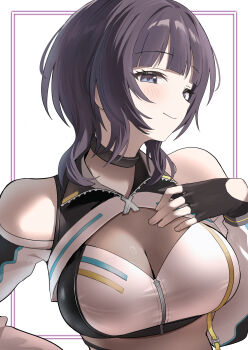 1girl absurdres asaka_karin bare_shoulders black_choker black_gloves black_hair blush breasts choker closed_mouth clothing_cutout commentary_request fingerless_gloves gloves hand_on_own_chest highres large_breasts looking_at_viewer love_live! love_live!_nijigasaki_high_school_idol_club medium_hair see-through_cleavage see-through_clothes shoulder_cutout smile solo upper_body yuu_(shampoohatslime)