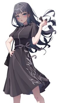 1girl :o absurdres alternate_costume amaya_tsubame bilingual_commentary black_cape black_dress black_hair blue_eyes blunt_bangs blunt_ends blush cape commentary_request dress feet_out_of_frame gakuen_idolmaster hand_on_own_hip highres idolmaster ins_(inzstar) long_hair looking_at_viewer mixed-language_commentary mole mole_under_eye partial_commentary simple_background solo v-shaped_eyebrows very_long_hair white_background