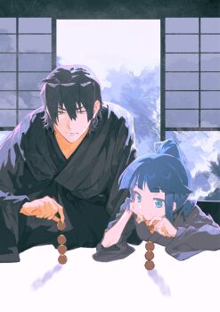 1boy 1girl ball black_hair black_kimono blue_eyes blue_hair chinese_commentary closed_mouth commentary concentrating frown grey_kimono hand_on_own_cheek hand_on_own_face highres holding holding_ball japanese_clothes kimono long_sleeves looking_at_object minato_hikaru minato_kageaki ponytail short_hair shouji sliding_doors smile soukou_akki_muramasa stacking toy tuzaixia v-shaped_eyebrows yellow_eyes yukata