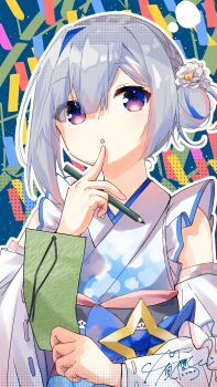Rule 34 | 1girl, absurdres, amane kanata, amane kanata (new year), blue hair, blue streaks, commentary, flower, grey hair, hair flower, hair intakes, hair ornament, highres, holding, holding paper, holding pencil, hololive, japanese clothes, kimono, looking at viewer, multicolored hair, official alternate costume, paper, pencil, pink streaks, purple eyes, solo, streaked hair, u da desu, virtual youtuber, white flower, white kimono